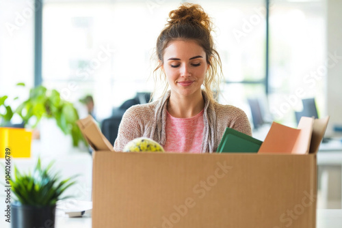 Woman sitting in cardboard box surrounded by books.