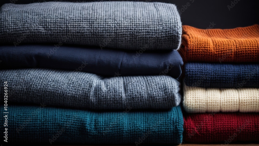 A neatly stacked pile of folded sweaters in varying colors and textures sits on a wooden surface against a dark backdrop, exuding warmth and coziness. A neatly stacked pile of folded sweaters in varying colors and textures sits on a wooden surface against a dark backdrop, exuding warmth and coziness.