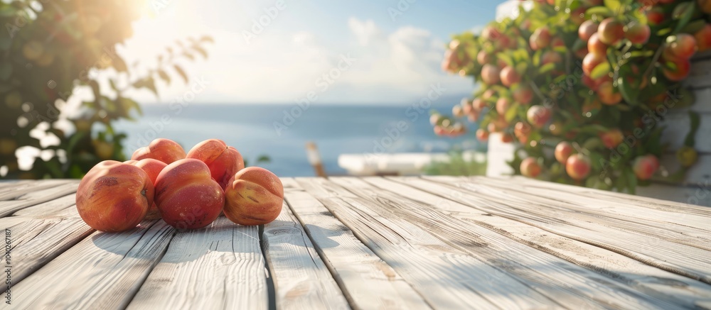 White wooden table with nectarines on it set on a sunny outdoor terrace overlooking the sea with a blurred background offering ample copy space for food drinks and products White wooden table with nectarines on it set on a sunny outdoor terrace overlooking the sea with a blurred background offering ample copy space for food drinks and products