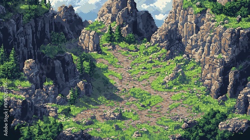 Pixel art DnD map of a mountain pass with rocky terrain and winding paths photo