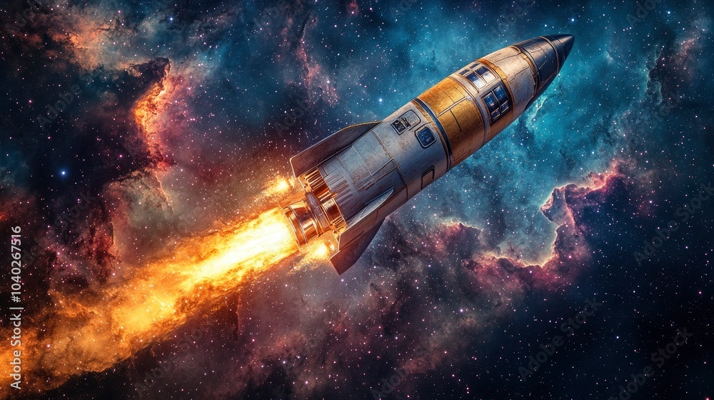 Obraz premium Futuristic rocket launching through a colorful space backdrop