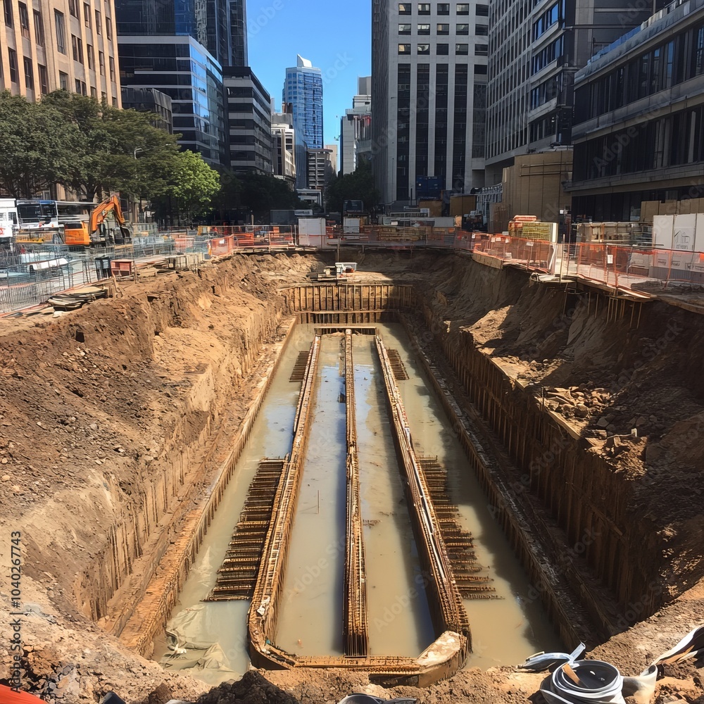 Fototapeta premium Excavation site with wooden supports and water in urban construction area.