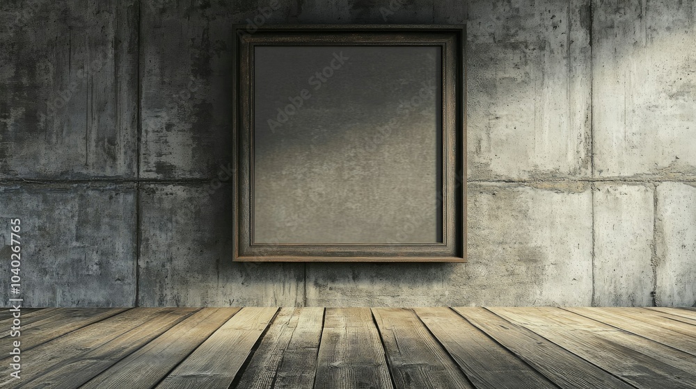 Empty frame on a textured concrete wall with a wooden floor Empty frame on a textured concrete wall with a wooden floor