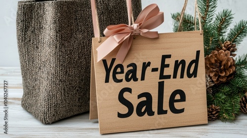 Promotional year-end sale sign adorned with a bow, perfect for holiday shopping themes and seasonal marketing.