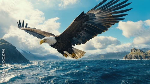 A majestic bald eagle soaring above the surface of a lake or ocean