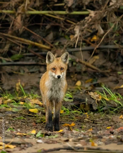 Obraz Spacerujący lis nad rzeką. Rudy lis w lesie, oko w oko z lisem, wzrok lisa. Spacerujący lis nad rzeką.