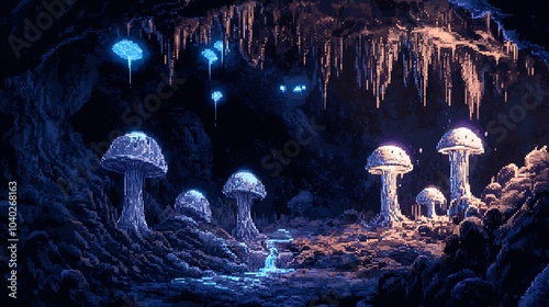 Pixel art battlemap set in a dark cave with stalactites and glowing mushrooms photo