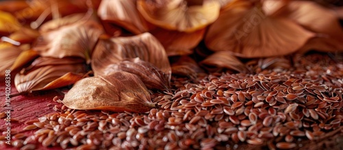 Flax seeds in their natural state with flax chaff set against a backdrop of red bark being cleaned creating a visually appealing copy space image