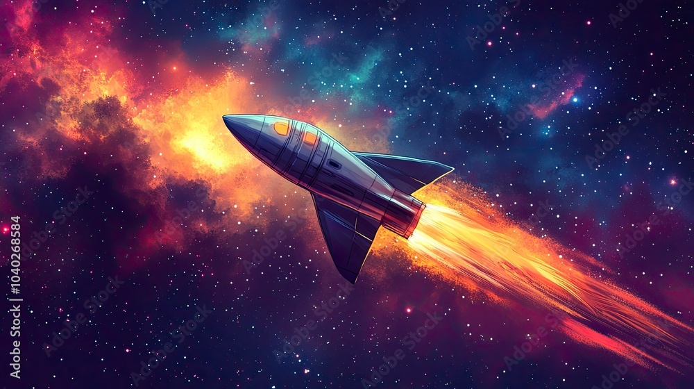 Futuristic rocket soaring through a colorful galaxy in deep space Futuristic rocket soaring through a colorful galaxy in deep space