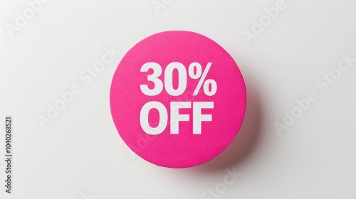 White '30% OFF' Text on a Hot Pink Round Paper Note. White Background with Copy Space