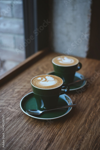 Two beautiful cups with delicious double cappuccino. Beautiful latte art.