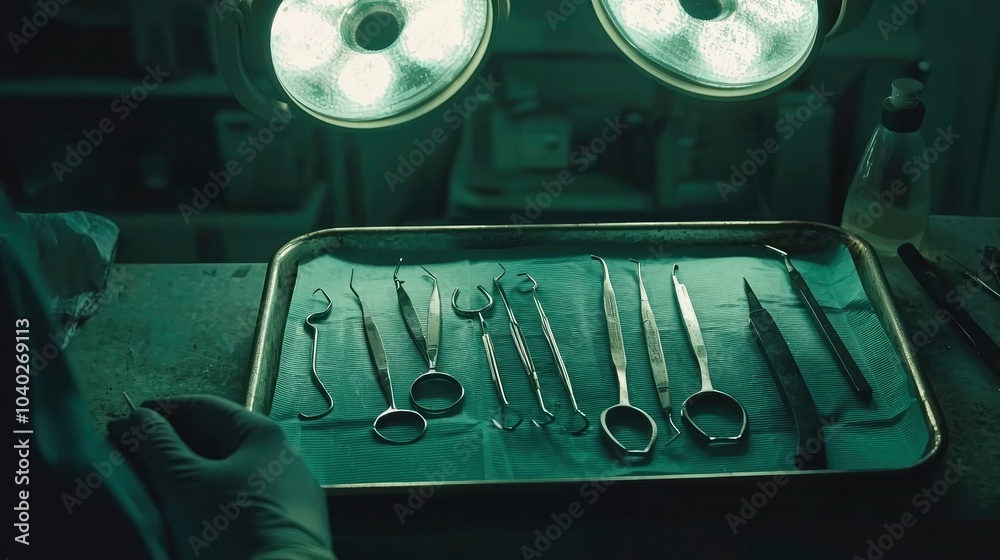 Surgical instruments on a tray under bright overhead lights