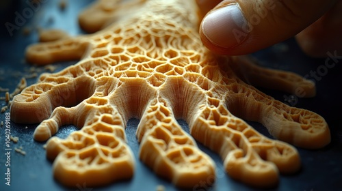 Intricate wood carving resembling a human hand in close-up detail photo