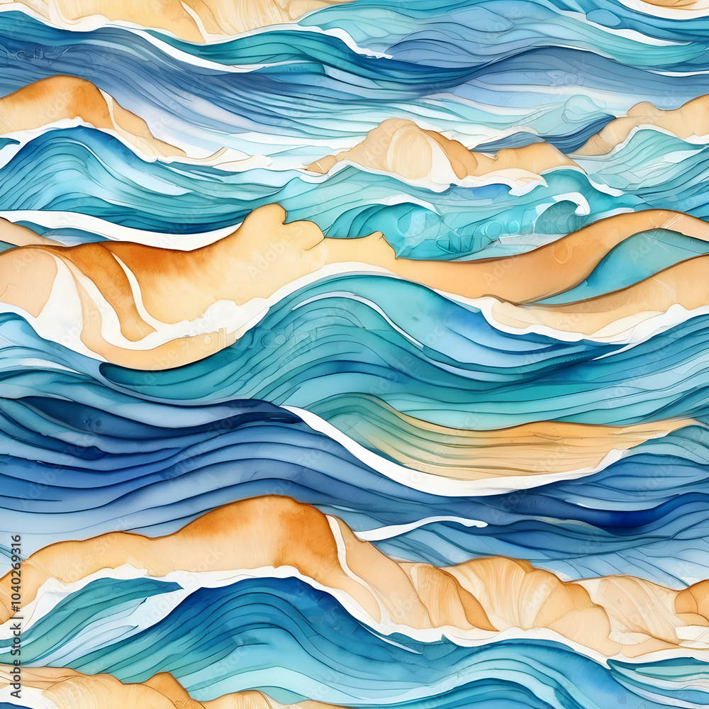 Watercolor seamless pattern of fine sand with traces of sea waves.