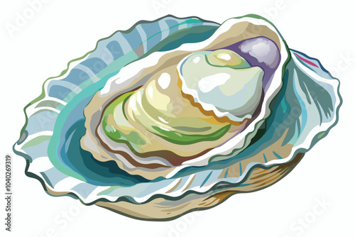 Watercolor Oyster Shell and Glossy Flesh in a High-Quality Illustration on White Background.