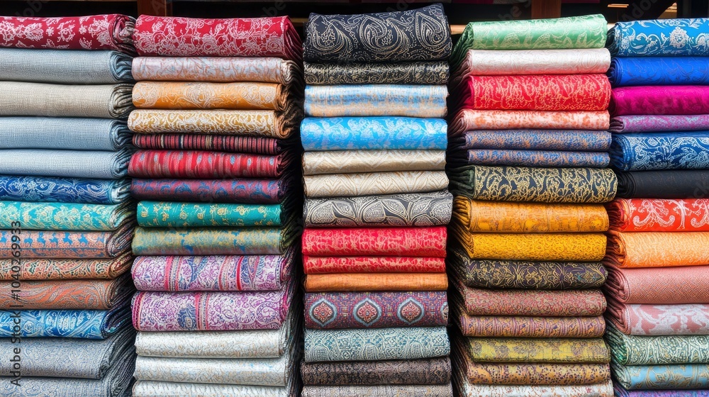 Vibrant collection of stacked fabrics in various colors and patterns Vibrant collection of stacked fabrics in various colors and patterns