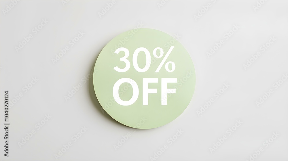 White '30% OFF' Text on a Light Green Round Paper Note. White Background with Copy Space White '30% OFF' Text on a Light Green Round Paper Note. White Background with Copy Space