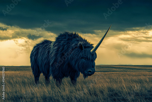 Wild Siberian Unicorn (Elasmotherium sibericum) in an Open Grassland photo