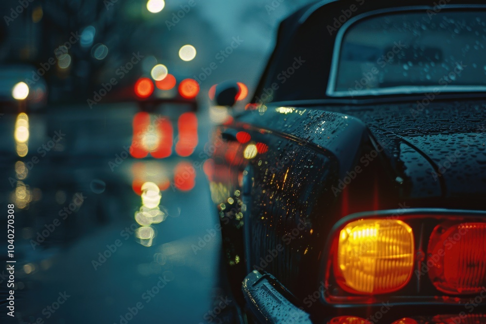 Close-up shot of a car under heavy rainfall Close-up shot of a car under heavy rainfall