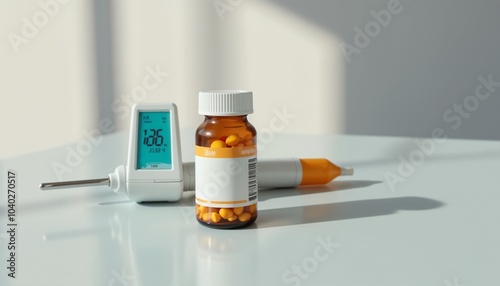 Medicine bottle with pills alongside a thermometer and a pen on a clean surface, creating a healthcare ambiance 