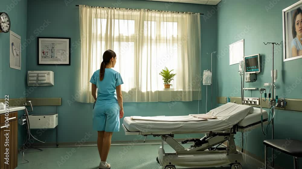 A nurse stands in a hospital room, looking out the window, near a hospital bed A nurse stands in a hospital room, looking out the window, near a hospital bed