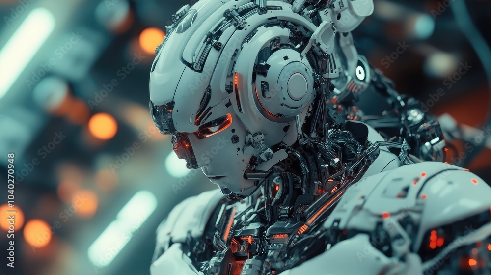 Futuristic robot with detailed mechanisms, showcasing the development of artificial intelligence and machine learning in a modern digital landscape. Futuristic robot with detailed mechanisms, showcasing the development of artificial intelligence and machine learning in a modern digital landscape.