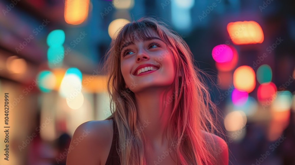 A joyful young blonde woman smiles brightly at a night festival, surrounded by vibrant, colorful bokeh lights. Her carefree expression captures the lively energy of the urban event. A joyful young blonde woman smiles brightly at a night festival, surrounded by vibrant, colorful bokeh lights. Her carefree expression captures the lively energy of the urban event.