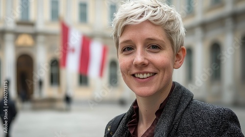 Woman smiling outdoors near building with flags in background