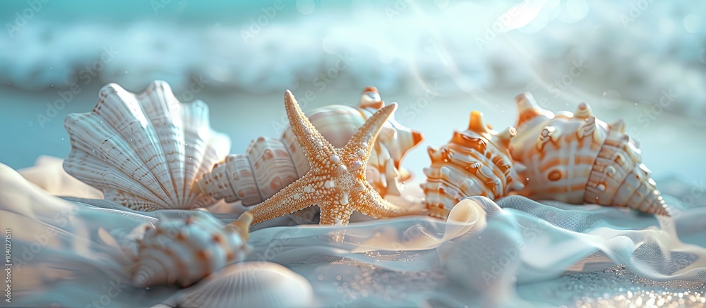 Obraz premium Summer theme with seashells or starfish on a table background suitable for adding text in copy space image