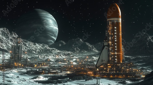 Futuristic spacecraft launch on a distant moon under a starry sky