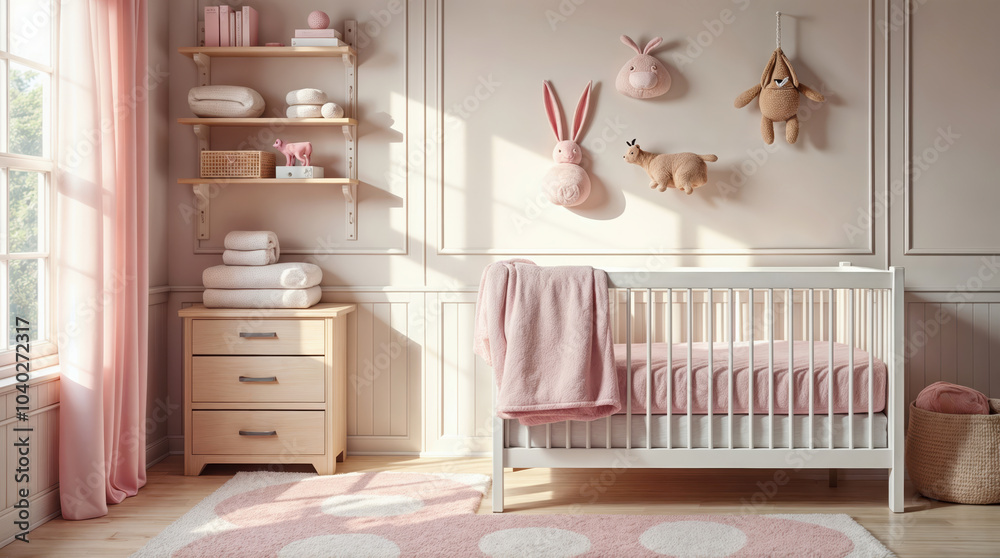 Soft pink nursery with white crib, wooden dresser, and whimsical animal decor featuring bunny and sheep plush toys, creating a cozy and dreamy atmosphere for a baby girl Soft pink nursery with white crib, wooden dresser, and whimsical animal decor featuring bunny and sheep plush toys, creating a cozy and dreamy atmosphere for a baby girl