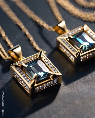 A close-up of diamond-encrusted pendant necklaces made of sparkling gold that catch the morning sun.  photo