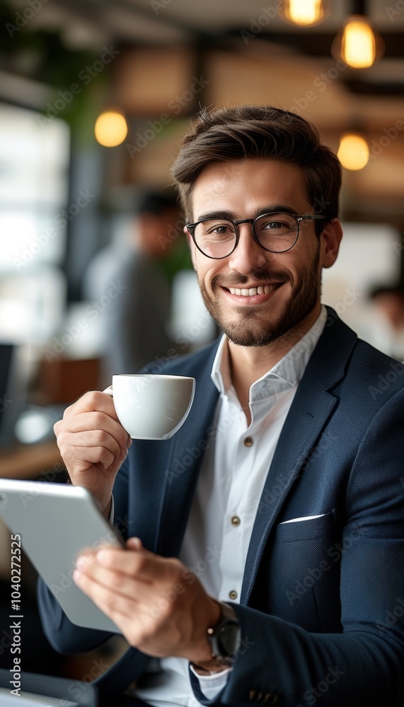 Smiling elegant businessman in glasses with tablet on blurred cafe background.