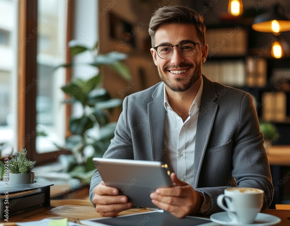 Smiling elegant businessman in glasses with tablet on blurred cafe background. Smiling elegant businessman in glasses with tablet on blurred cafe background.