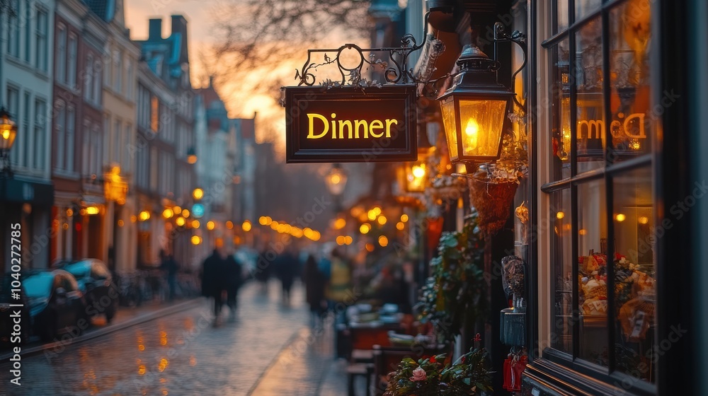 Fototapeta premium A charming and picturesque evening scene in a cobblestone street filled with glowing lights and a cozy ambiance highlighting a restaurant sign that says Dinner