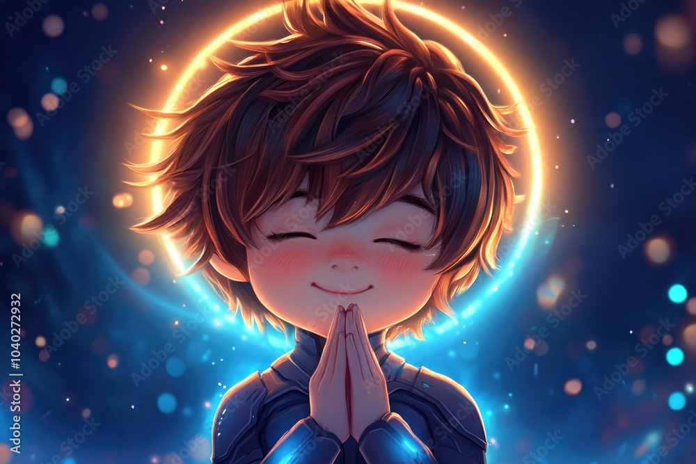 A young boy prays in front of a glowing halo, a symbol of divine guidance A young boy prays in front of a glowing halo, a symbol of divine guidance