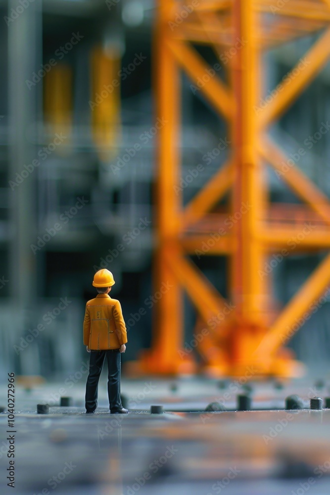Obraz premium A toy figurine of a construction worker standing in front of a building site, perfect for illustrating concepts related to architecture and urban planning