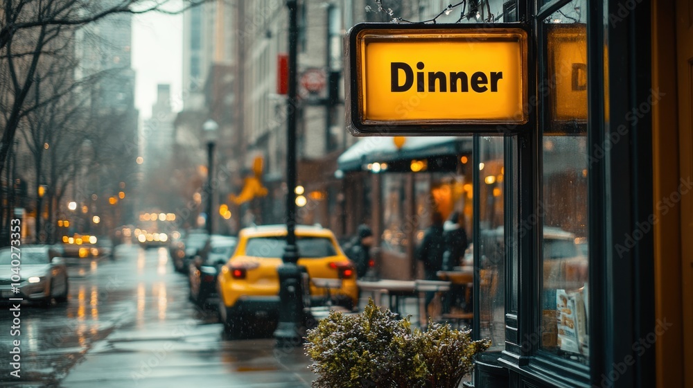 The image captures a vibrant city street scene on a rainy evening, with illuminated Dinner signs highlighting the bustling atmosphere of urban life The image captures a vibrant city street scene on a rainy evening, with illuminated Dinner signs highlighting the bustling atmosphere of urban life