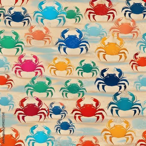 Watercolor seamless pattern of small, colorful crabs walking on fine sand.
