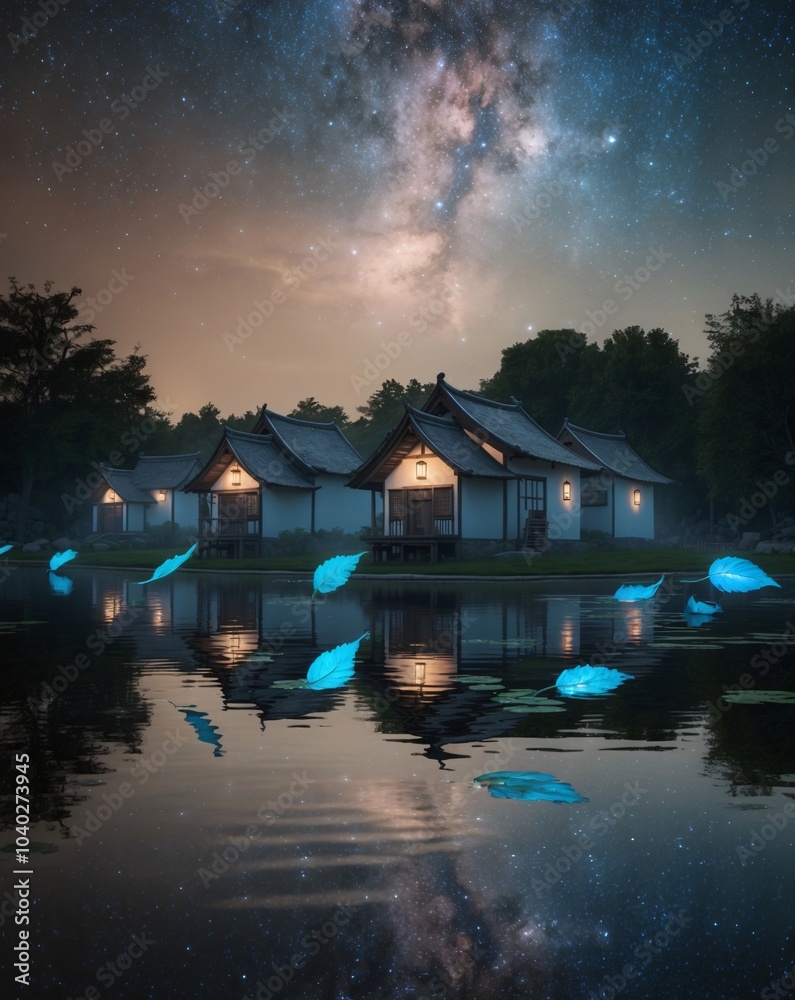 Fototapeta premium Serene Village Under Cosmic Starry Sky Reflection
