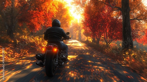 A helmeted motorcyclist riding along a scenic country road, the trees on either side dressed in fiery autumn colors, the sunlight casting long shadows across the path, photo