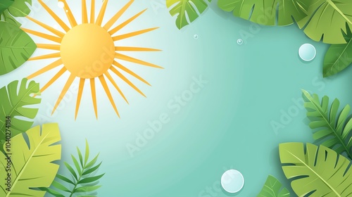 Sunny background with tropical leaves and bubbles in a bright, cheerful design.