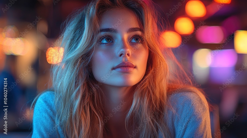 Contemplative woman with soft lighting in a vibrant atmosphere Contemplative woman with soft lighting in a vibrant atmosphere