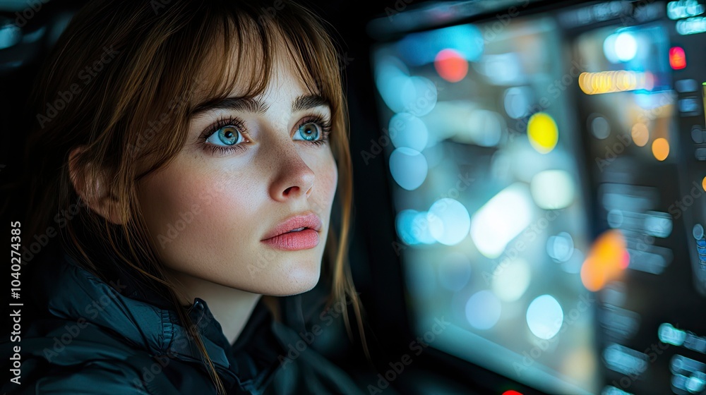 Contemplative young woman gazing at illuminated screen in a dark environment Contemplative young woman gazing at illuminated screen in a dark environment