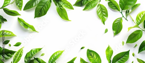 White background with green tea leaves provides copy space image photo