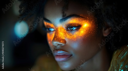 Mesmerizing portrait of a woman with glowing face art and sparkles