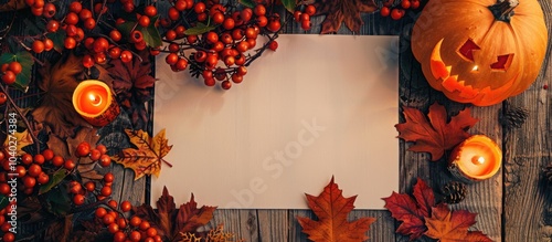 Preparing for Halloween with autumn leaves pumpkins orange pyracantha berries a blank paper mockup on a rustic wooden table and a Jack o lantern with candlelight celebrating autumn decor and creativi photo