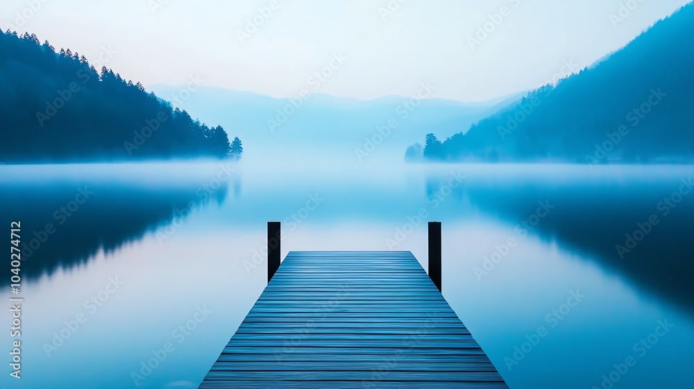Naklejka premium Tranquil lake view with misty hills and a wooden dock in the foreground.