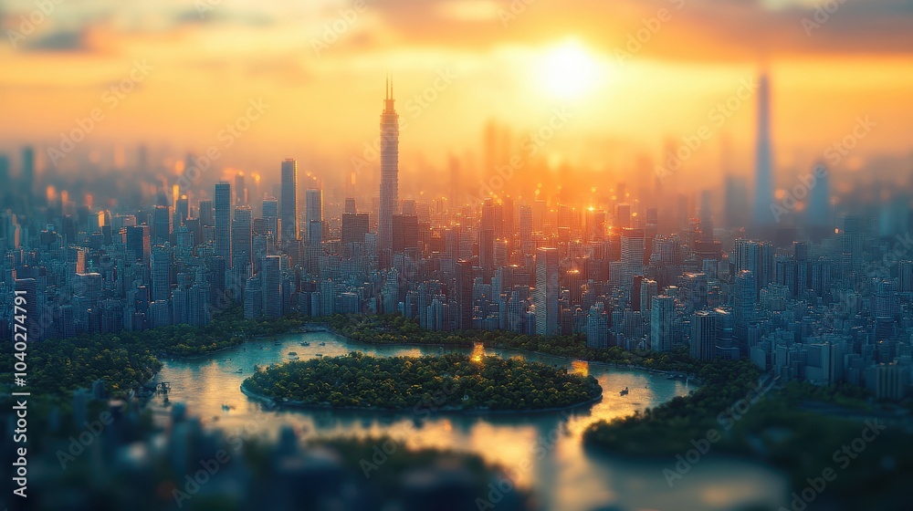 Naklejka premium Breathtaking skyline at dusk with urban reflections over water