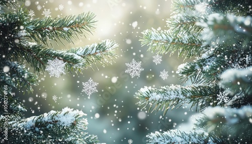 Winter holiday scene featuring evergreen Christmas tree branches covered in snowflakes